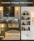 No Wiring Headaches Premium Gold Wall Sconces Set Of Two Battery Operated Cordless Light Fixtures with E26 Socket and Rechargeable Bulbs in various settings.