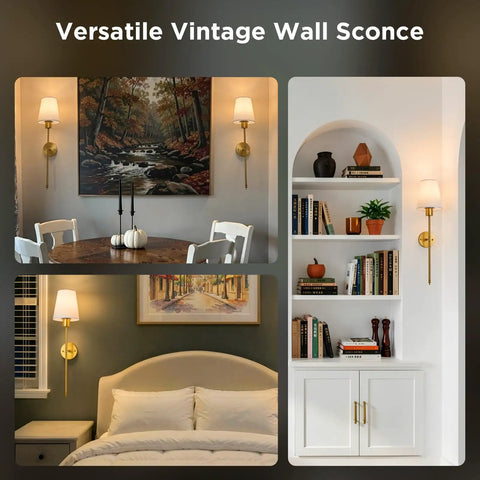 No Wiring Headaches Premium Gold Wall Sconces Set Of Two Battery Operated Cordless Light Fixtures with E26 Socket and Rechargeable Bulbs in various settings.