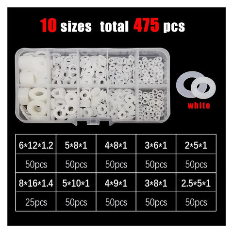 Plastic Flat Washer Assortment Kit M2 To M10 With Nylon Spacers And Gaskets In Black And White Four Thousand Four Hundred Seventy Five Pieces For Quick Fix And Handy DIY Projects, white plastic washers in organizer