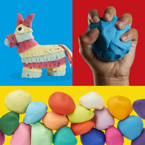 Game Changing Modeling Compound Haul With 65 Mini Cans serving a colorful piñata, a blue clay ball, and assorted vibrant clays.