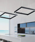 Sleek Square LED Pendant Light With One Ring Acrylic Shade For Dope Modern Look In Kitchen Island Living Room Or Bedroom Adjustable Wire Height Not Dimmable 25W 6000K Daylight Black Finish over a kitchen island