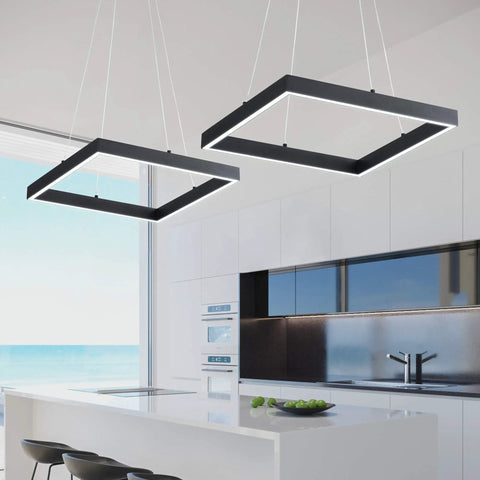 Sleek Square LED Pendant Light With One Ring Acrylic Shade For Dope Modern Look In Kitchen Island Living Room Or Bedroom Adjustable Wire Height Not Dimmable 25W 6000K Daylight Black Finish over a kitchen island