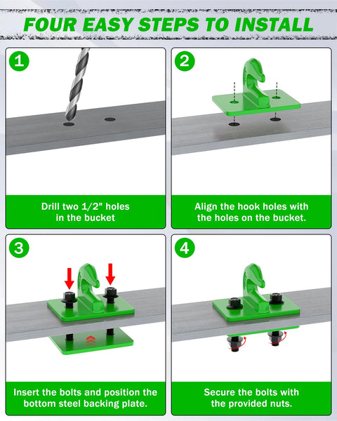 Installation steps for 2 Pack 3 By 8 Inch Tractor Bucket Grab Hooks Grade 70 Forged Steel Bolt On Grab Hooks With Backer Plate.