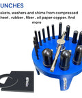 Table Mount Gasket Punch Set 6 To 38mm 16 In 1 Hollow Punch Kit on blue stand for leather and plastic sheets