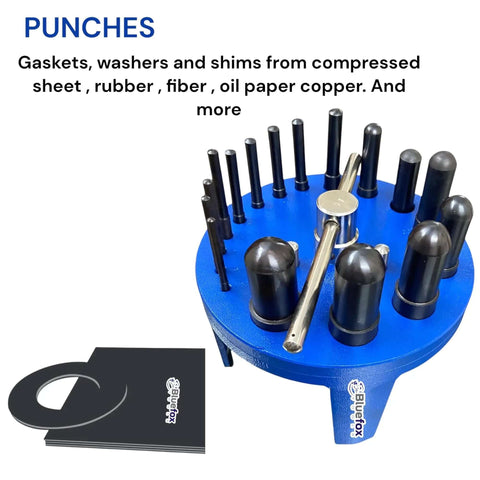 Table Mount Gasket Punch Set 6 To 38mm 16 In 1 Hollow Punch Kit on blue stand for leather and plastic sheets