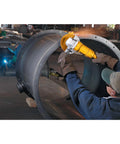Worker using Beefy 7 Inch Corded Angle Grinder with 13 Amp Motor delivers 8000 RPM high power to weight ratio tool for metal cutting