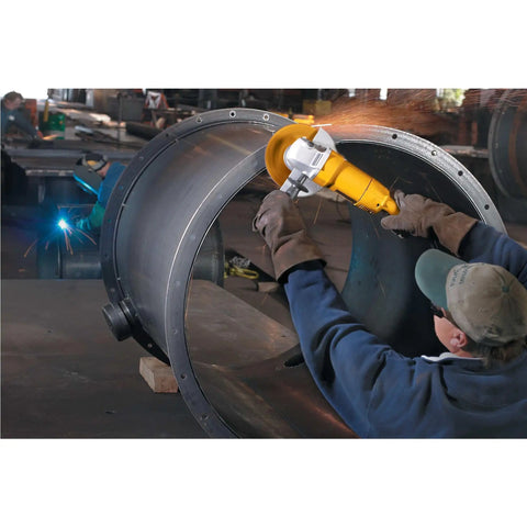 Worker using Beefy 7 Inch Corded Angle Grinder with 13 Amp Motor delivers 8000 RPM high power to weight ratio tool for metal cutting
