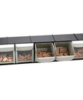 Shop Floor Ready Tilt Out Storage Bins For Your Workshop Setup, Heavy Duty Plastic Tray with five bins containing wood parts.