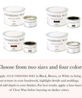 Various sizes of Jolie finishing wax displayed in four colors with text on choosing sizes and colors.