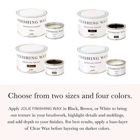 Various sizes of Jolie finishing wax displayed in four colors with text on choosing sizes and colors.