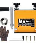 Front view of Pro Grade Cable Stripper Tool for 3 to 17mm wires with 5 blades, drill or hand crank drive, steel and plastic build.