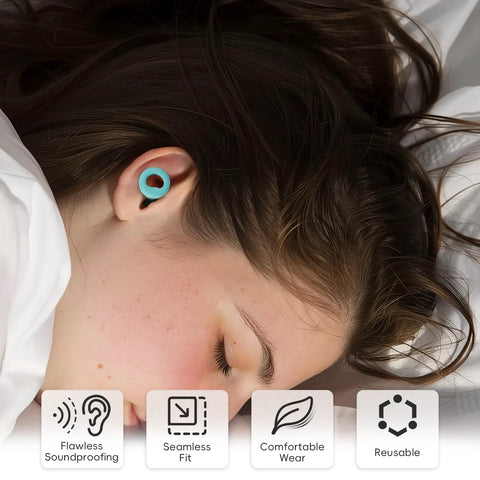 Woman sleeping with Ultra Comfortable Noise Canceling Earplugs For Sleep And Focus, Flexible Reusable Two Pack, Soft Silicone Light Green