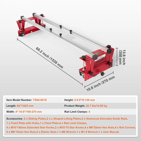 Router Sled 60 Inches Portable And Adjustable Slab Flattening Jig for Woodworking, showing measurements and red components