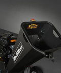 Front view of Towable 5 Inch Gas Powered Wood Chipper Shredder Mulcher with electric start and emergency stop button, black.