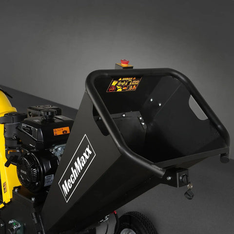 Front view of Towable 5 Inch Gas Powered Wood Chipper Shredder Mulcher with electric start and emergency stop button, black.