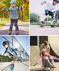 Children enjoying outdoor activities wearing All In One Kid Friendly Protective Gear Set With Adjustable Bike Helmet And Knee Pads