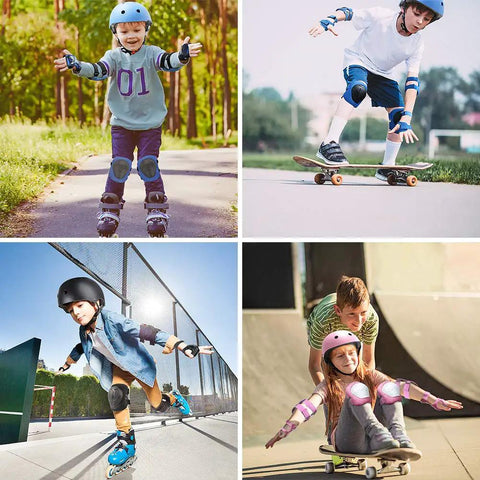 Children enjoying outdoor activities wearing All In One Kid Friendly Protective Gear Set With Adjustable Bike Helmet And Knee Pads