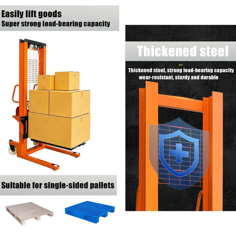 Heavy Duty Electric Pallet Stacker With Adjustable Forks, features thickened steel and lifts boxes easily for truck loading.