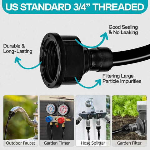 Close-up of 3/4 inch adapter and filter from Dope Outdoor Patio Water Mister Cooling System Kit with labeled features.