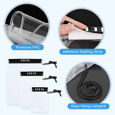 Detailed view of 5 Pack Clear Waterproof Dry Bags with lanyard, premium PVC, adhesive sealing strip, and three different sizes.