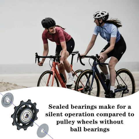 Cyclists riding with 2 x 13T Bicycle Gear Jockey Wheels Upgrade For Most Bikes, Pro Grade Derailleur Pulleys, Black, City and Road Use.