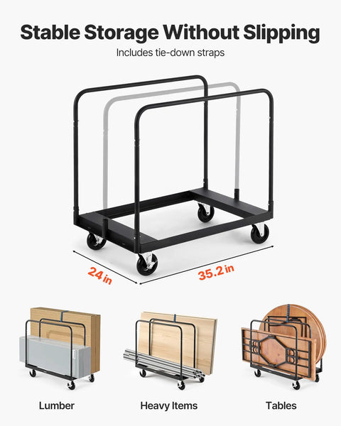 Beefy Heavy Duty Folding Table Cart With 1800 Lb Load Capacity showing steel frame and 5 inch swivel casters for safe transport.
