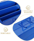 Close-up of Badass Blue Iron Double Layer Toolbox Organizer with Grip Carry Handle, revealing storage compartments.