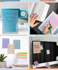 Collage showing 8 Pack Colored Transparent Sticky Notes with Lined Translucent Sheets 4x6 Inches used on various surfaces