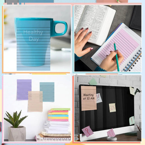 Collage showing 8 Pack Colored Transparent Sticky Notes with Lined Translucent Sheets 4x6 Inches used on various surfaces