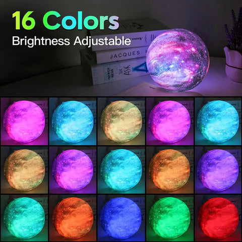 Moon Galaxy Lamp 5.9 Inch With 16 Color LED 3D Moon Light displaying color variations on a desk with books and plant
