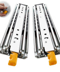 Heavy Duty Drawer Slides Full Extension Runners Side Mounted Double Row Steel Ball Bearings Lock In Lock Out, chrome finish, showing locking mechanism.