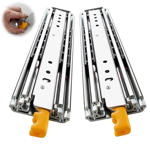 Heavy Duty Drawer Slides Full Extension Runners Side Mounted Double Row Steel Ball Bearings Lock In Lock Out, chrome finish, showing locking mechanism.