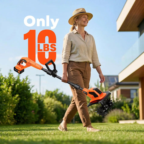 Person carrying Cordless Garden Tiller Cultivator With 21V Battery Lightweight Rototiller For Easy Weeding in a garden setting.