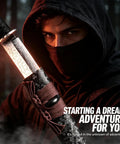 Japanese Tanto Knife With Damascus Steel Fixed Blade For Bushcraft And Survival held by masked person in forest