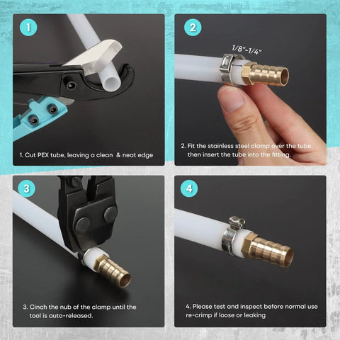 Shall Pex crimping cinch tool kit with pipe cutter and brass fittings; includes 1/2" and 3/4" stainless clamps and storage bag.