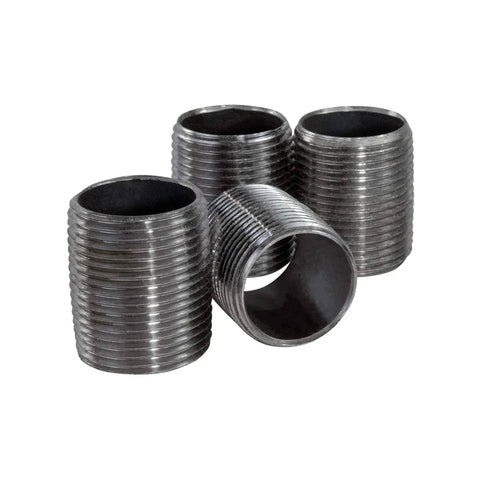 Close-up of 60 Piece Malleable Black Pipe Fitting Kit One Half Inch Nipples For DIY Projects Bundle With Varied Lengths Great For Industrial Shelves