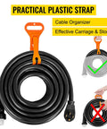 Road Ready 30 Foot 50 Amp Generator Extension Cord With Twist Lock Connectors Pure Copper Power Cable for organized storage and transport.
