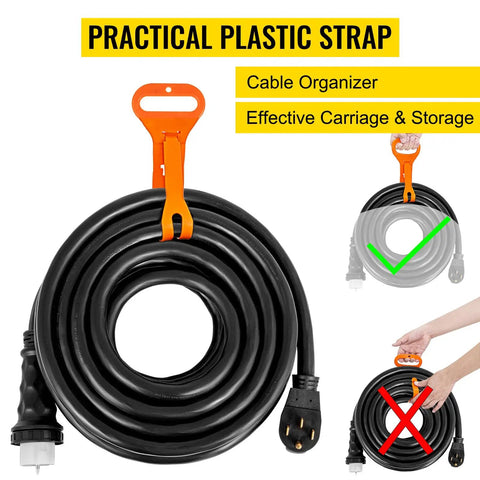 Road Ready 30 Foot 50 Amp Generator Extension Cord With Twist Lock Connectors Pure Copper Power Cable for organized storage and transport.