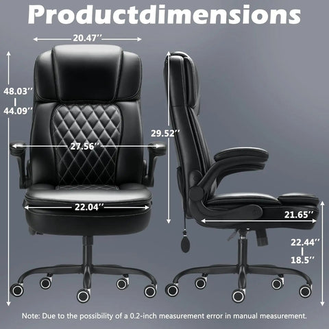 Dimensions of Big And Tall Executive Office Chair With Flip Up Armrests, Heavy Duty PU Leather Desk Chair in black.