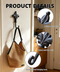 Top Shelf Single Piece Heavy Duty Cast Iron Wall Hook With Screws Vintage Coat Hanger Organizer For Scarves Bags Towels Keys Cap Rustproof Badass Home Decor Accessory with antique fleur-de-lis design and woven bag.