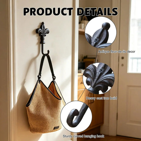 Top Shelf Single Piece Heavy Duty Cast Iron Wall Hook With Screws Vintage Coat Hanger Organizer For Scarves Bags Towels Keys Cap Rustproof Badass Home Decor Accessory with antique fleur-de-lis design and woven bag.