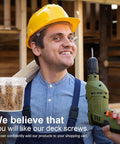 Smiling handyman with drill and bucket of Super Easy 3 Inch Tan Exterior Deck Screws Make Outdoor Projects A Breeze No Pre Drilling Needed Thanks