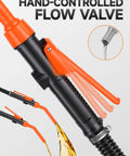 Detail of hand-controlled flow valve on Grab And Go Portable Electric Fuel Transfer Pump for easy fuel dispensing.