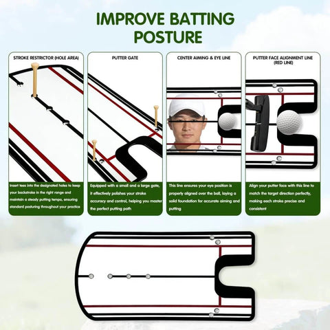Putting Mirror Alignment Training Aid For Golf showing features for eye line, putter face alignment, and stroke accuracy.