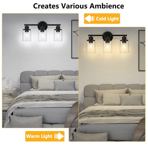 Three-Light Black Bathroom Wall Light With Clear Glass Shades over bed, showing warm and cold lighting effects.
