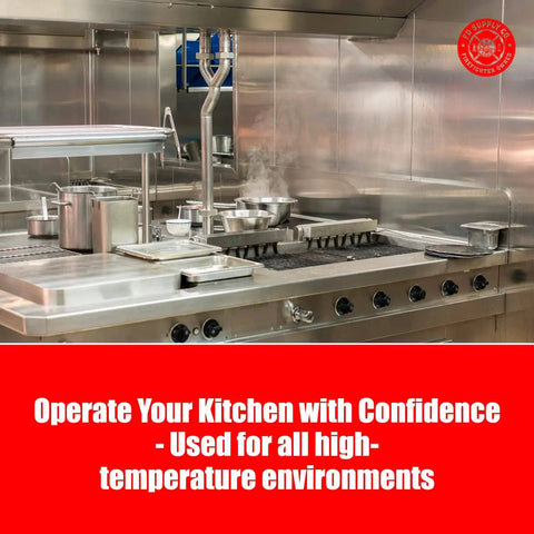 Commercial kitchen with stainless steel equipment and suppression vent system for fire safety