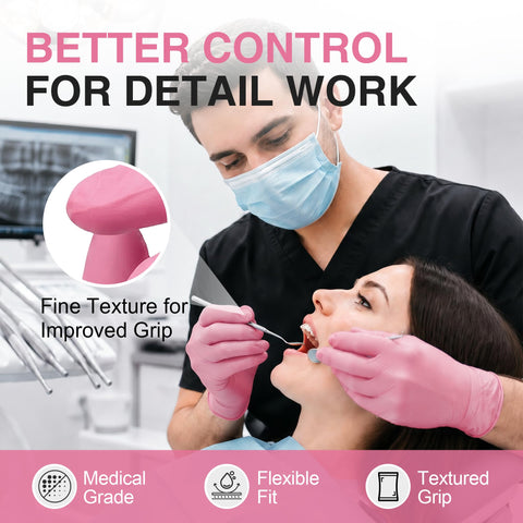Top Tier Medical Grade Nitrile Exam Gloves Powder And Latex Free Pink Disposable Gloves 100 Count For Healthcare Tattoo And Beauty Pros Getting Killer Puncture Resistant Comfort Daily used by dentist for patient care.