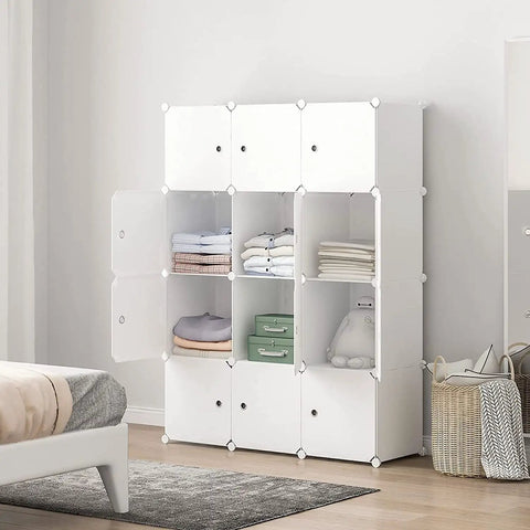 Massive 12 Cube Storage System With 14x18x14 Each For Clothes DIY Closet Organization, white with doors, in bedroom setting