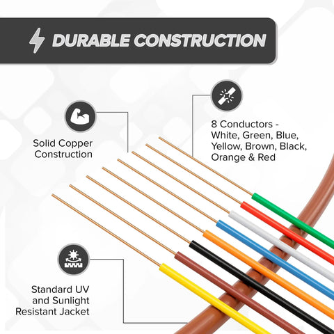18 Gauge 8 Conductor Thermostat Wire 100 Ft Brown Solid Copper Low Voltage Cable For HVAC Furnaces Video Doorbells Alarms Lighting