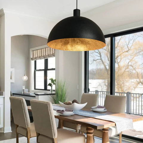 Black Dome Pendant Light With Dope Gold Leaf Interior, 20 Inch Industrial Chandelier installed over dining table